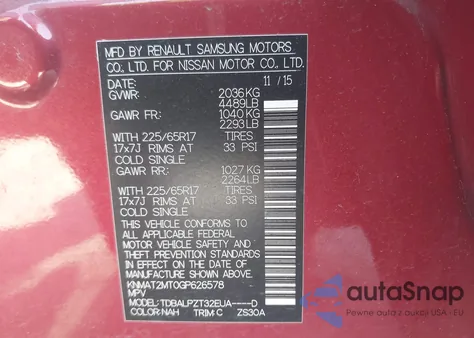2016 Nissan Rogue S z USA, uszkodzony, nr VIN KNMAT2MT0GP626578